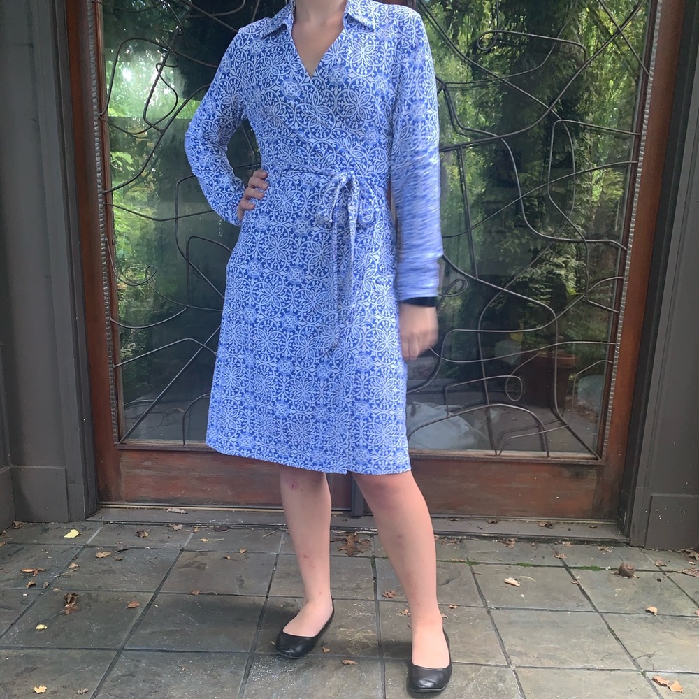 Blue and white paisley wrap dress